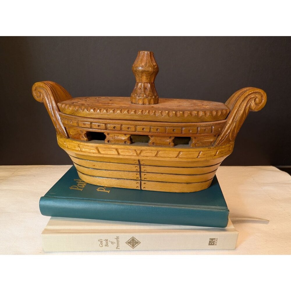 Handcrafted Wood Viking Boat-Shaped Box With Removable Lid & Carved Detailing